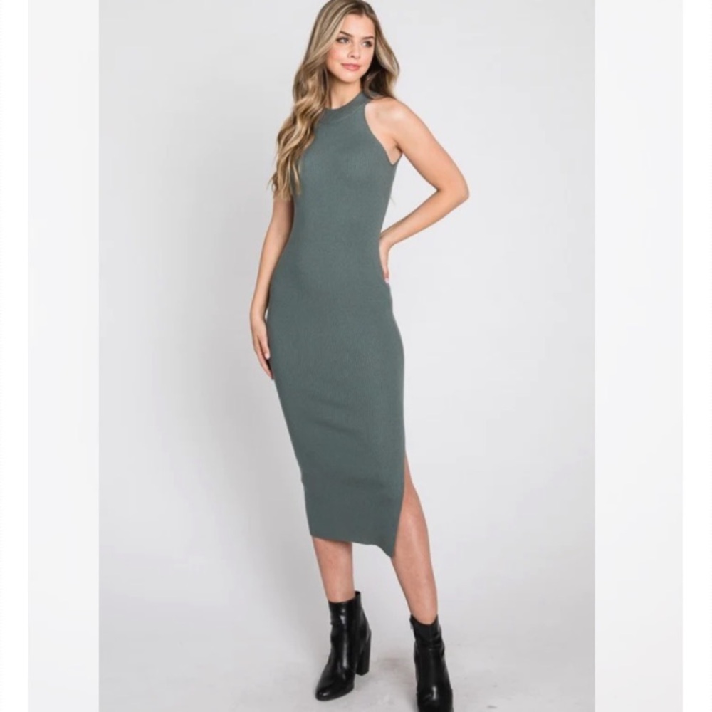Green Ribbed Bodycon Midi Dress